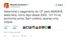 Governador Ricardo Coutinho dispensou coletiva de imprensa para anunciar o pagamento do benefício