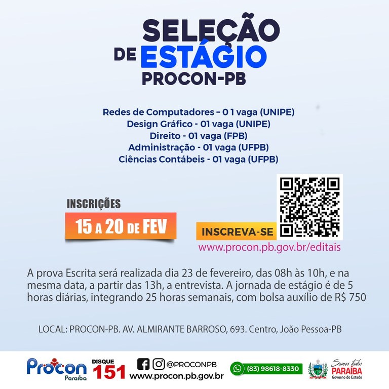 O Procon Estadual da Paraíba abre 5 vagas de estágio para diversas áreas