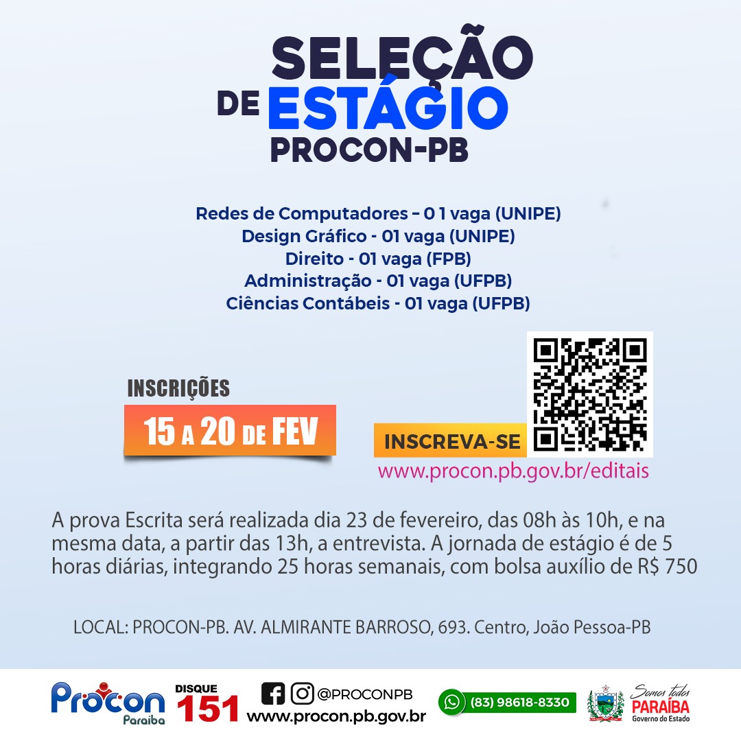O Procon Estadual da Paraíba abre 5 vagas de estágio para diversas áreas